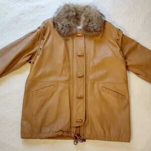 Outer Town Outerwear Tan Lamb Leather Coat with Raccoon Fur Collar, womens XL